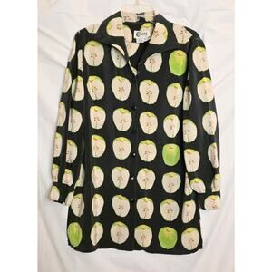 Encore Button Up Blouse Women's Size 12 Blue w/Green Apple Pring 100% Silk Tunic